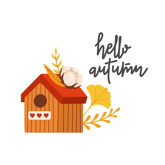 Hallo herfst vogelhuisje herfst seizoen vector illustratie elementen