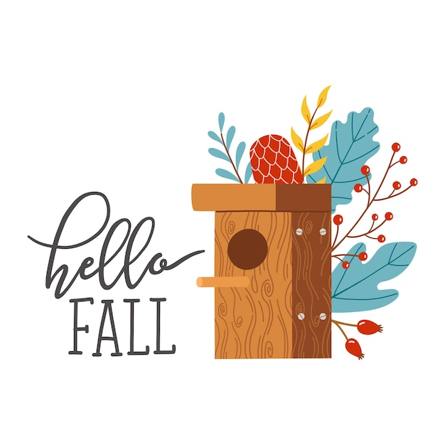 Hallo herfst vogelhuisje herfst seizoen vector illustratie elementen