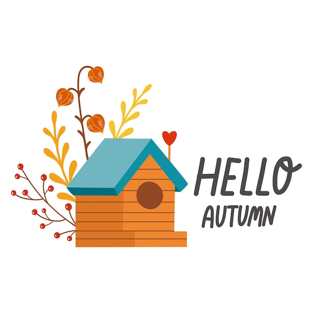 Hallo herfst vogelhuisje herfst seizoen vector illustratie elementen