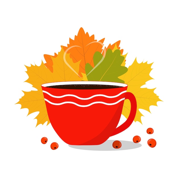 Hallo herfst Warme drank in mok op achtergrond van herfstbladeren en lijsterbessen