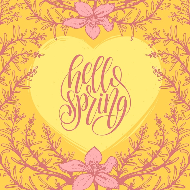 Hallo lente belettering inspirerende typografie banner. Vector bladeren en bloemen achtergrond. Handgeschreven leuk citaat in bloemen frame.