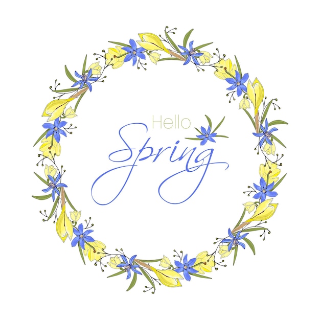 Hallo lente belettering kaart met krans hand getrokken doodle gele en paarse bloemen.