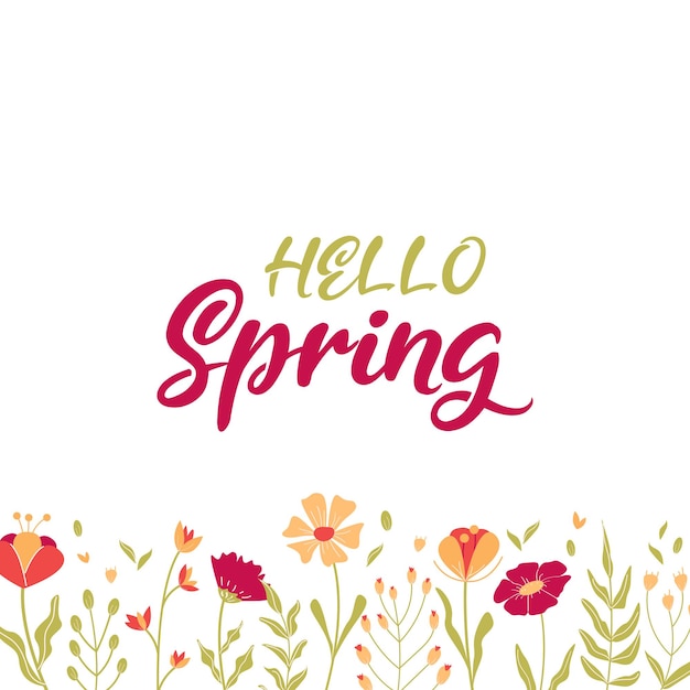 Hallo lente belettering vector banner lente bloemen roze gele en witte bloemen roze inscriptie