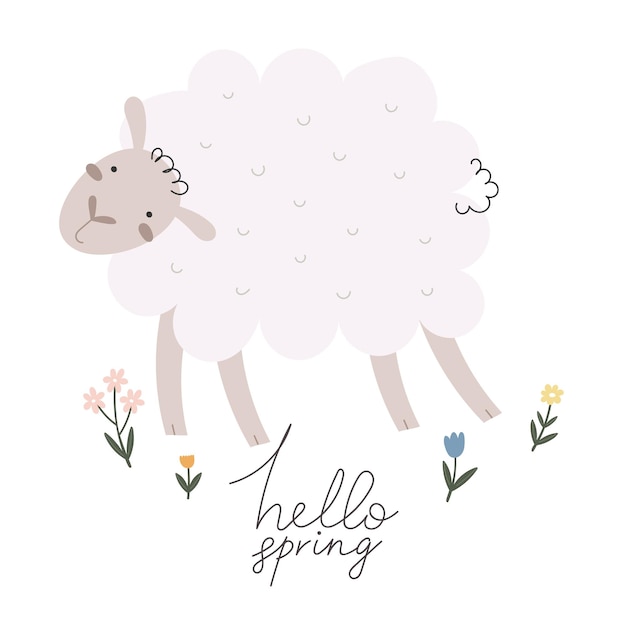 Hallo lente cartoon schapen bloemen handtekeningen lettering