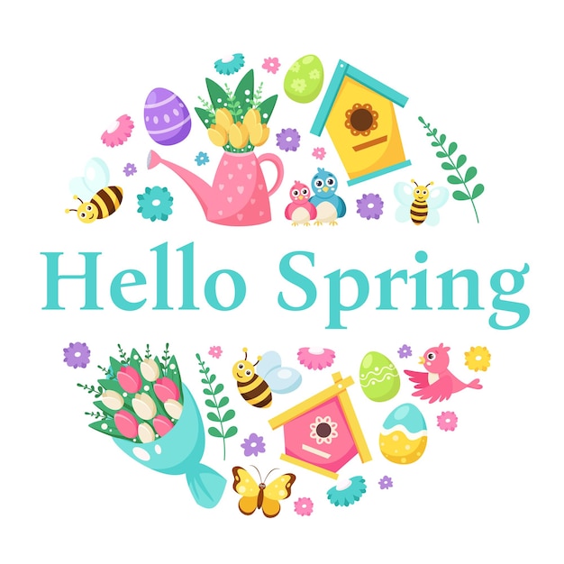 Hallo lente-elementen. vogelhuisje, bloemen, vogels, bijen