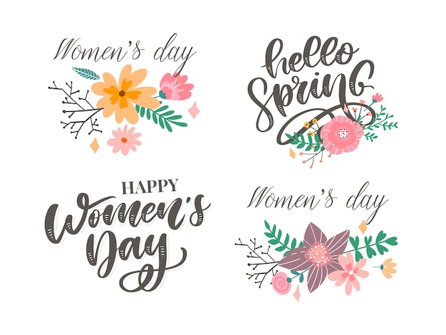 Hallo lente en vrouwendag bloemen tekst belettering