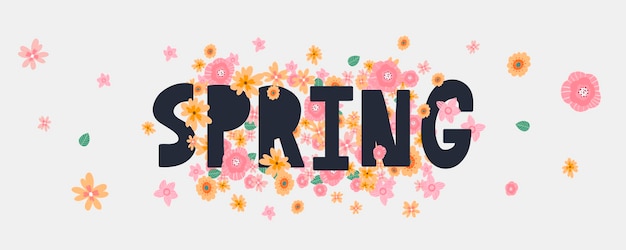 Hallo lente hand logo badge typografie pictogram belettering lente seizoen met blad voor wenskaart uitnodiging sjabloon Retro vintage belettering banner poster sjabloon achtergrond verkoop aanbieding