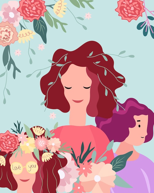 Hallo lente heldere illustratie met lentevrouw en bloemen in haar haarkrans en groene bladeren