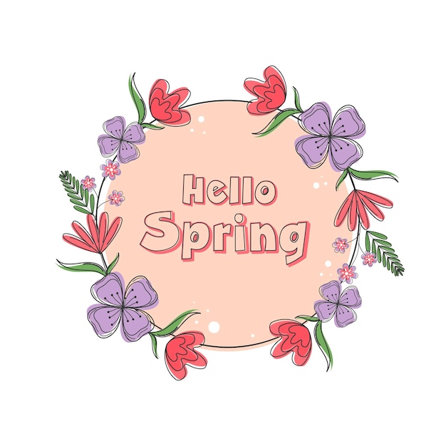 Hallo lente lettertype over roze cirkelvorm versierd met bloemen op witte achtergrond