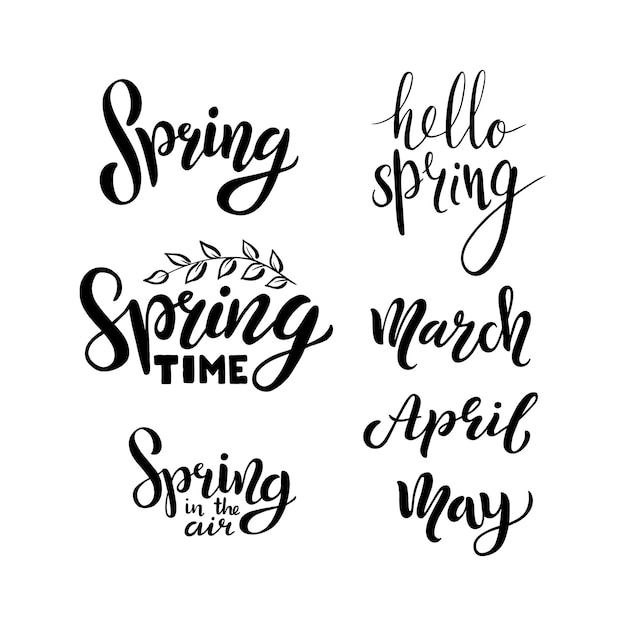 Hallo lente, maart, april, mei, kalligrafische set. vector geïsoleerde illustratie borstel kalligrafie, hand belettering. voor kalender, schema, dagboek, dagboek, sticker decor voor ansichtkaarten.