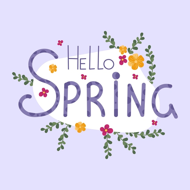 Hallo lente met de hand getekende illustratie met letters op witte vlek geïsoleerde lichtpaarse achtergrond