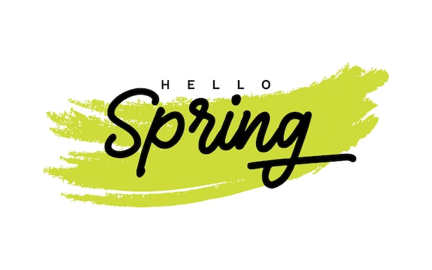 Hallo lente. Moderne illustratie. Groene borstel met kalligrafie belettering. Ontwerp voor wenskaart en uitnodiging voor seizoensgebonden voorjaarsvakantie.