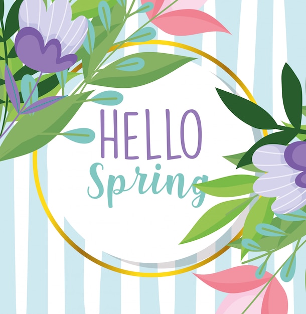 Hallo lente, paarse bloemen laat frame gestreepte achtergrond