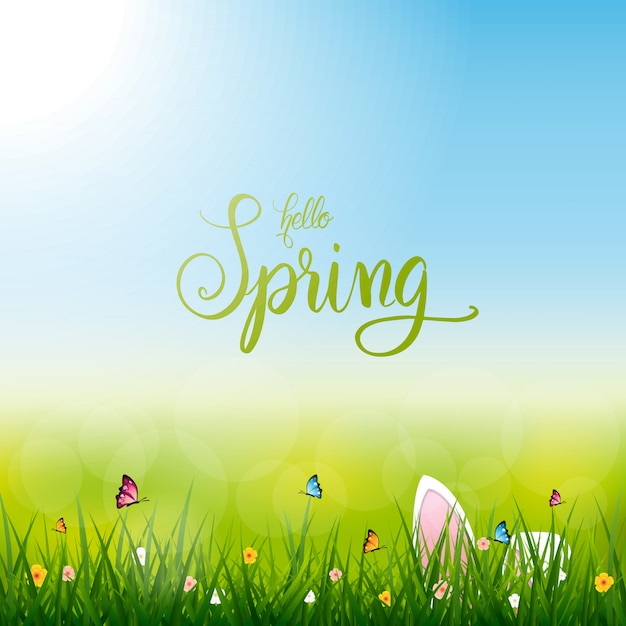 Hallo lente, Pasen konijn, natuur lente seizoen illustratie
