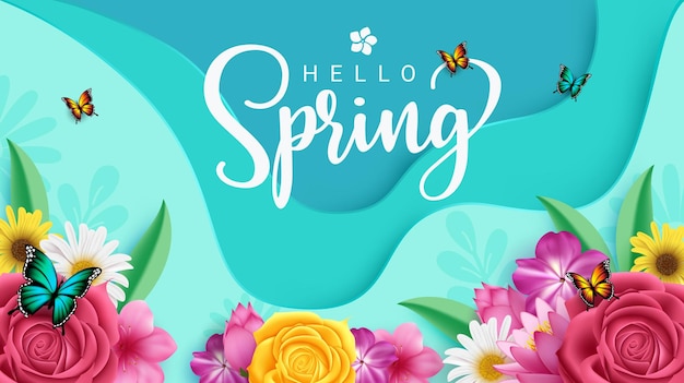 Hallo lente tekst groet vector ontwerp Lente wenskaart met bloeiende prachtige bloemen