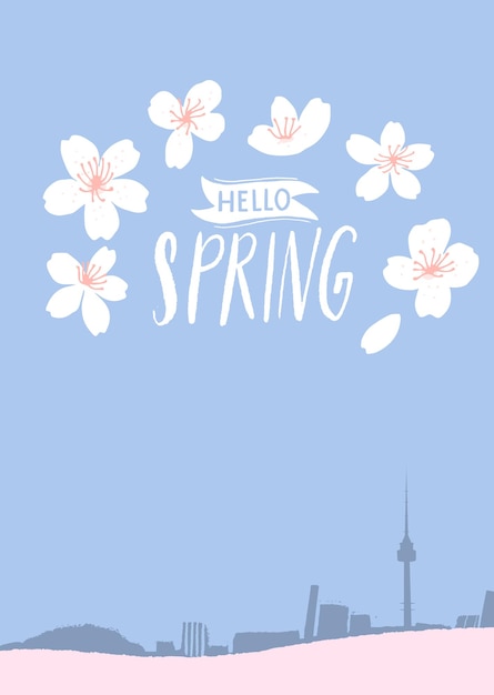 Hallo lente tekst op Seoul skyline landschap lente bloemen bloesem festival poster verticale vectorillustratie
