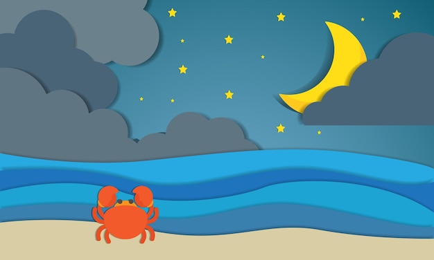 Hallo nacht zomer met strand landschap achtergrond en krab papier kunststijl vector illustratie