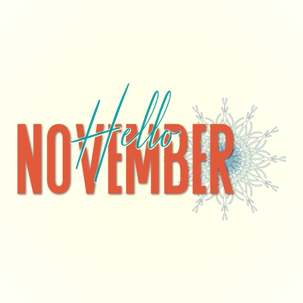 Vector hallo, november belettering kaart met sneeuwvlokken. handgetekende inspirerende wintercitaat met doodles.