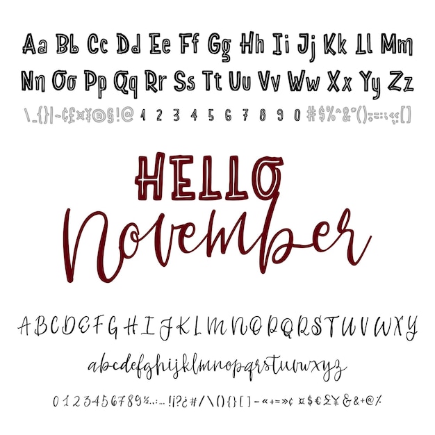 Vector hallo november woord hand getrokken lettertype set geïsoleerd op wit
