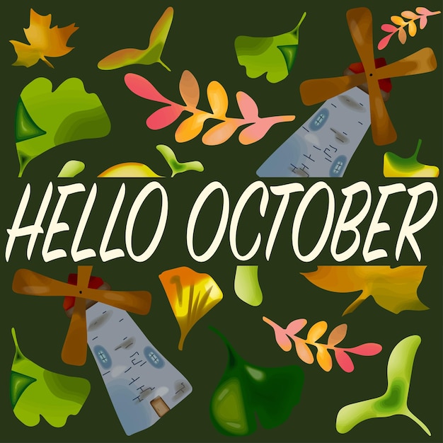 Hallo oktober. herfst illustratie. herfstbladeren kit met molen