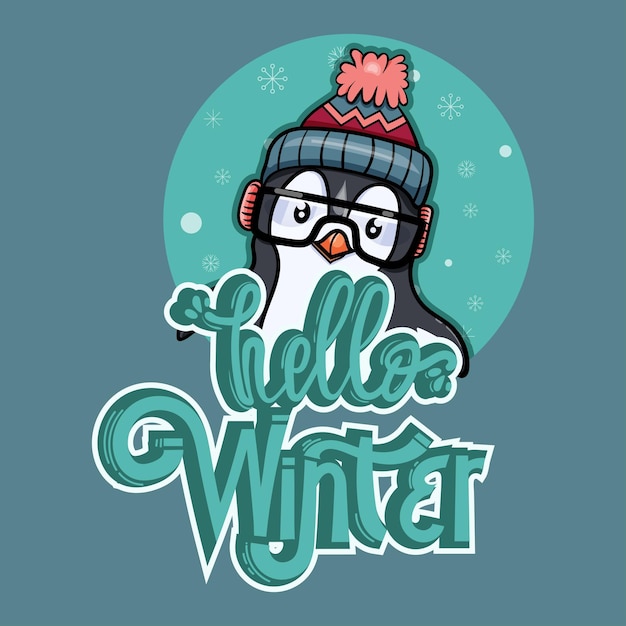 Hallo winter belettering met pinguïn