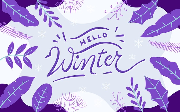 Hallo winter belettering met winter bloemen achtergrond plat ontwerp