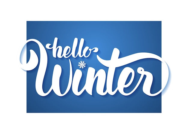 Hallo winter elegante moderne borstel belettering geïsoleerd op blauwe achtergrond.