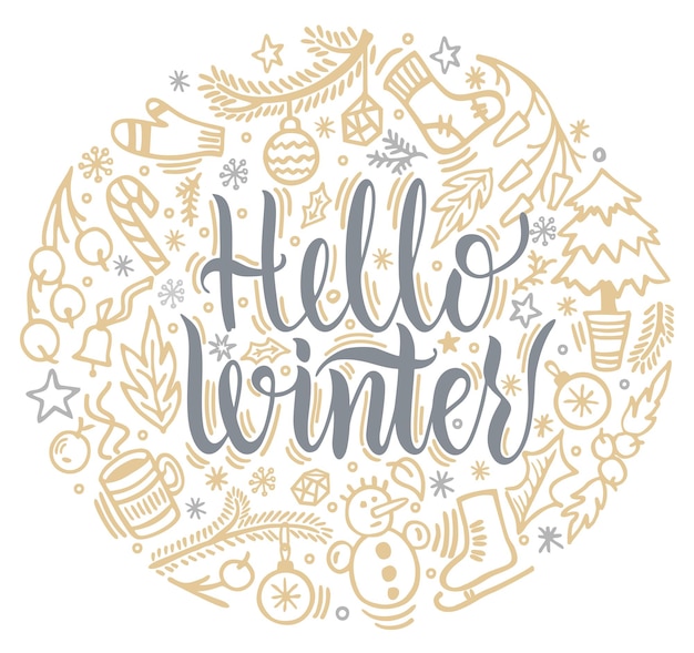 Hallo winter handgeschreven inscriptie Handgetekende kerstbelettering Zin en sneeuwvlokken Kerstelementen circulair ontwerp Handgetekende kerstontwerpelementen