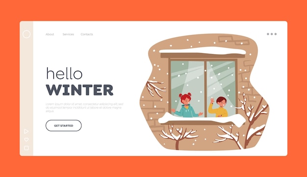 Hallo winter landing page template kleine kinderen die door het raam in de sneeuw kijken kinderen gefascineerd door sneeuwvlokken