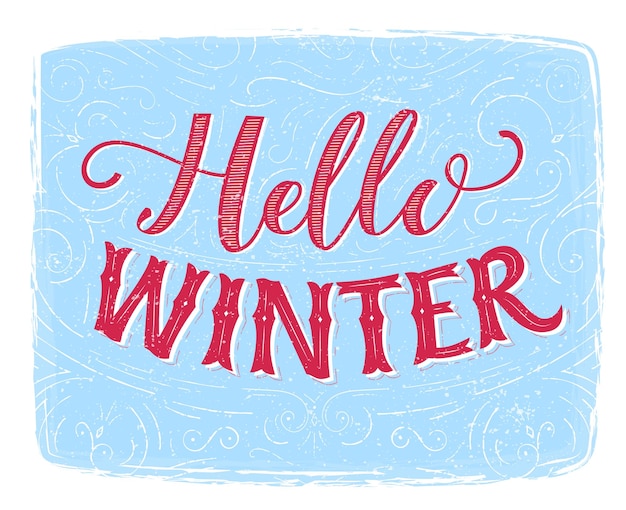 Hallo wintertekst. typografie banner met hand belettering, vintage design. winterseizoen vector retro kaart.