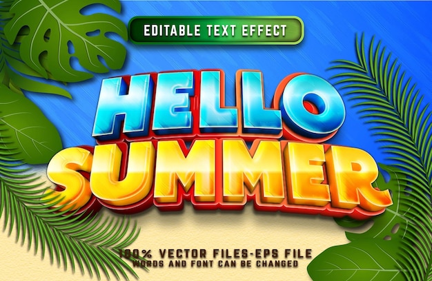 Hallo zomer 3d cartoon teksteffect premium vectoren