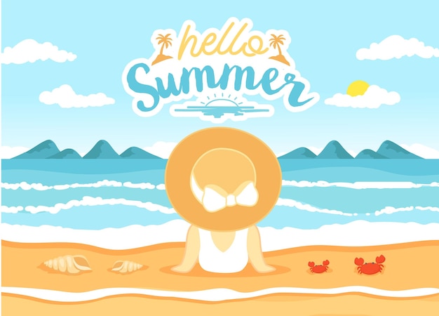 Hallo zomer achtergrond met schattig meisje op zoek naar zee strand cartoon afbeelding