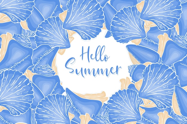 Hallo zomer banner met hand getrokken doodle schelpen blauwe en beige kleuren