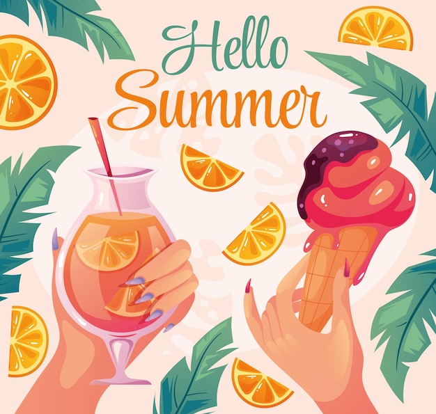 Vector hallo zomer banner poster met cocktail en ijs concept cartoon ontwerpelement