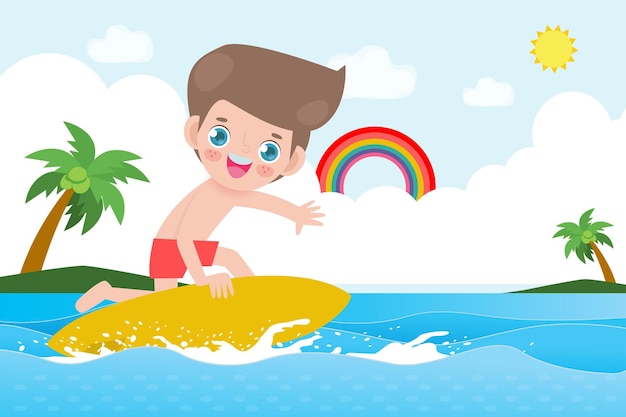 Hallo zomer banner sjabloon schattig surfer kind karakter met surfplank en rijden op oceaangolf