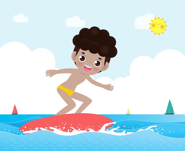 Hallo zomer banner sjabloon schattig surfer kind karakter met surfplank en rijden op oceaangolf