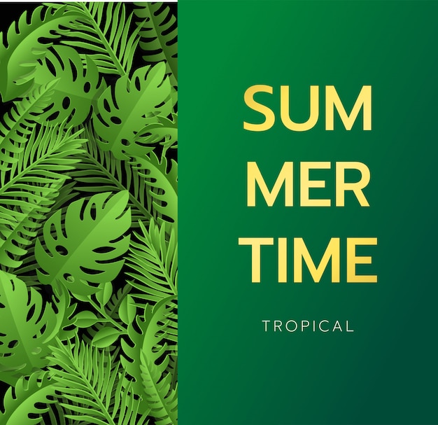 Hallo zomer banner Tropische palm verlaat achtergrond. Uitnodiging of kaart met jungle