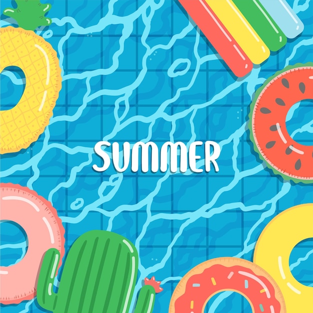 Hallo zomer banner vector illustratie rubberen ring drijvend op water in zwembad