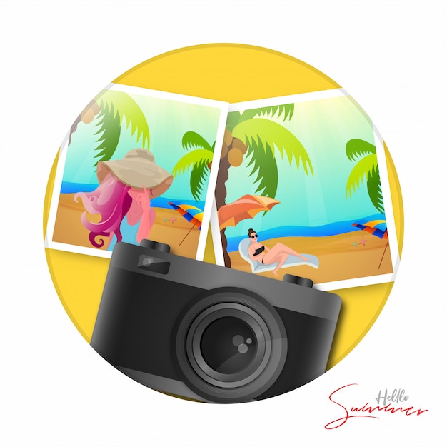 Hallo zomer illustratie ontwerp met realistische digitale camera en foto's