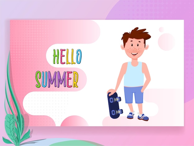 Hallo zomer kleurrijke feestelijke banner met stripfiguur