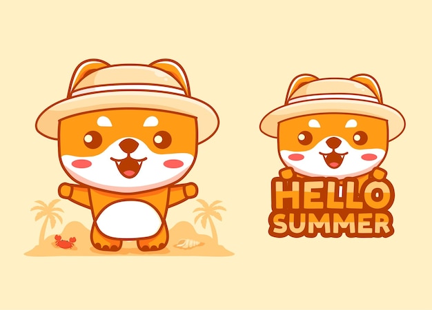 Hallo zomer met schattige kawaii hond shiba inu cartoon