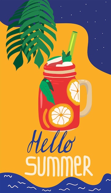 Hallo zomer met verse cocktail vectorillustratie