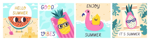 Hallo zomer poster flamingo en positieve vruchten cartoon personages strandfeestje schattige watermeloen citroen en ananas knus vector heldere postkaarten illustratie van zomer poster