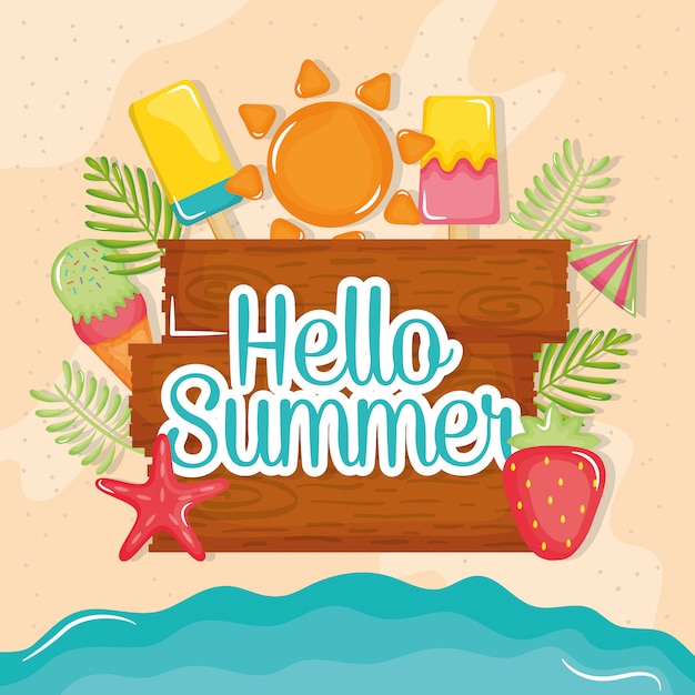 Hallo zomer poster met houten label en pictogrammen