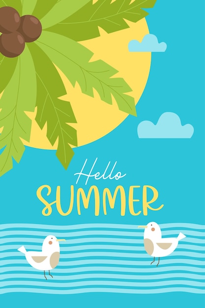 Hallo zomer poster met zee palmboom en meeuwen op golven Vector zomer verticale tropische zeekaart