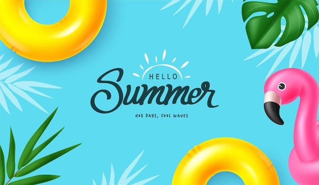 Hallo zomer tekst vector sjabloon ontwerp met zomer element in blauwe achtergrond