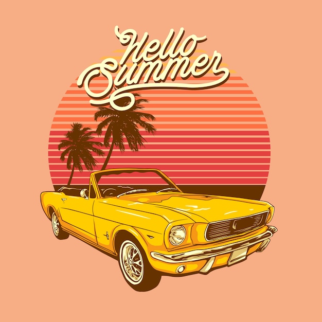 Hallo zomer tropisch strand en auto illustratie