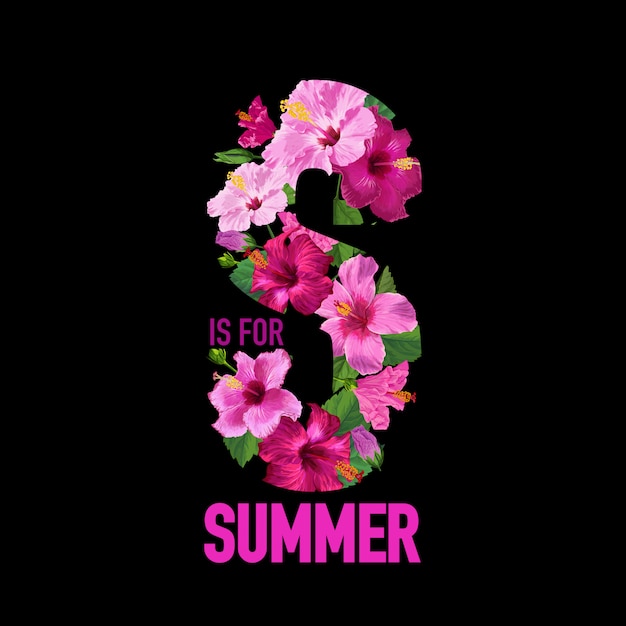 Hallo zomer tropische poster. bloemmotief met paarse hibiscusbloemen voor t-shirt