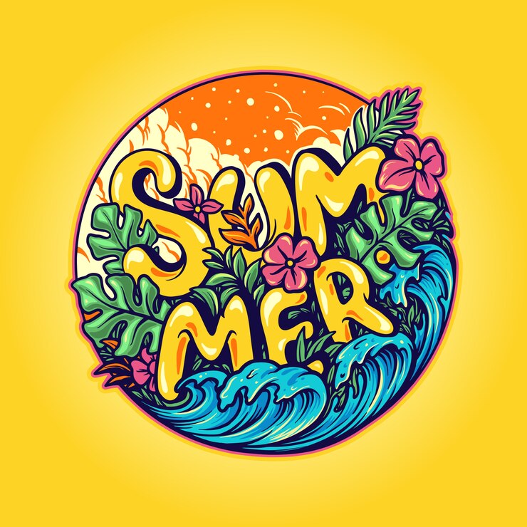 Vector hallo zomer typografische tropische planten, bloem, strand achtergrond