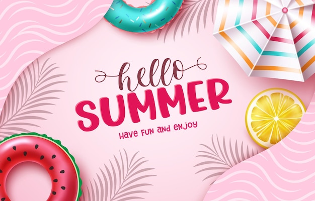 Vector hallo zomer vector achtergrondontwerp hallo zomer tekst in roze decoratie met tropisch fruit